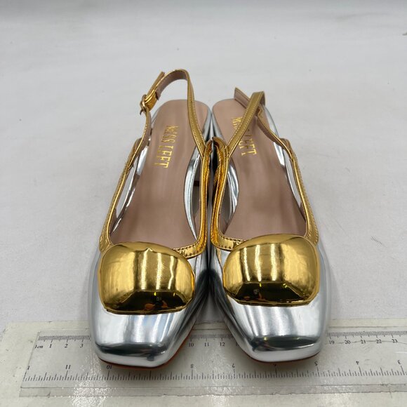 miss left Silver Square Toe Pumps with Buckles Slip On Chunky Heel Slingback - Picture 3 of 8